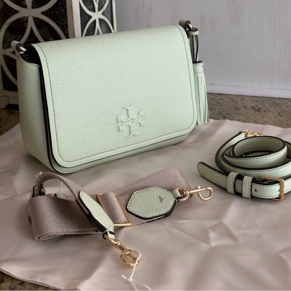 NWT Tory Burch Green and White Crossbody Bag with Flap Closure